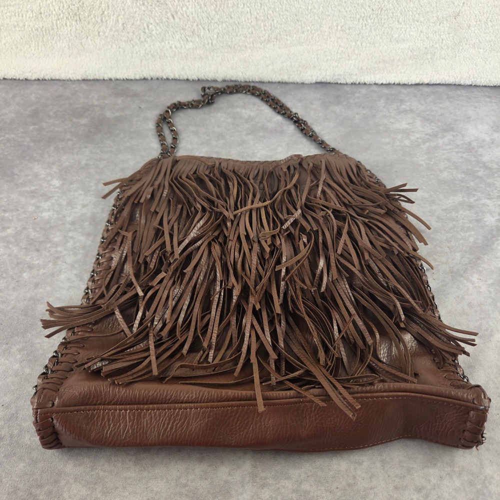 Sonia Rykiel SR2 Brown Fringed Pebbled Faux Leather Chain Tote Bag Boho